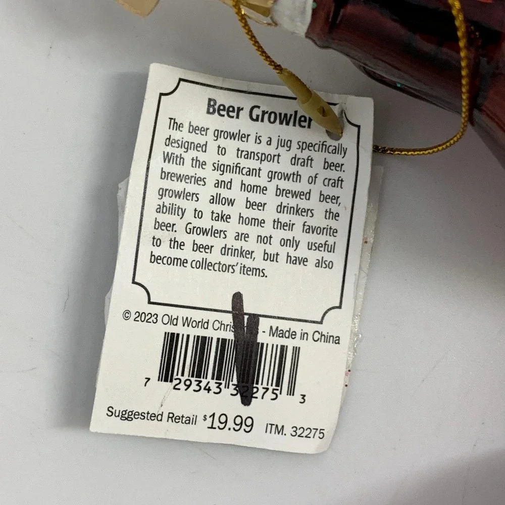 Old World Christmas Beer Growler Glass Ornament Brown Gold‎ Barware Holiday